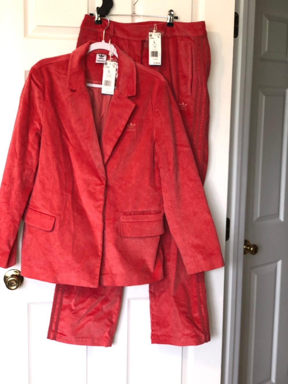 adidas Coral-Red Corduroy Blazer and Track Pants Set